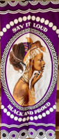 "Say it loud, black and proud" afrikai női portréval lila barna színvilágú nagy vintage textil kép