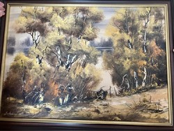 László Bubelényi - birch trees on the shore painting 69x49 cm