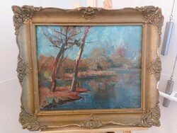 (K) signed landscape painting with frame 63x54 cm