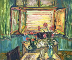Interior with flowers, 1961, oil on cardboard, 34.5 x 42 cm