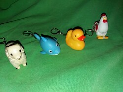 Retro quality key chains with animal figures, 4 pcs in one, dolphin, chicken, lamb, duck, in good condition