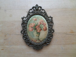 Older small silk picture in a decorative bronze frame, 9.5 x 13.5 cm