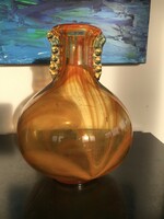GYŰJTŐKNEK! Különleges, öblös, borostyán színű üveg váza (42)
