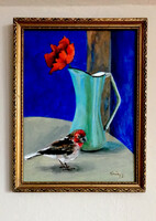 The guardian of the poppy - acrylic painting in an antique frame - can be hung on the wall immediately - 31.5 x 23.5 cm
