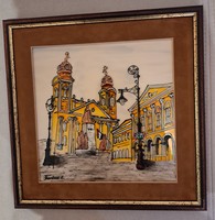 Szignózott üvegfestett kép a Debrecen főterét ábrázolja 35*35 kerettel