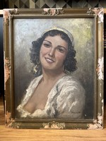 Béla Barsi (1872-1913) antique oil canvas painting, portrait of a lady, 39.5x49.5 cm
