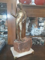 Old copper-bronze Adonis, Greek god figural statue, on a granite, marble plinth. 40 Cm.