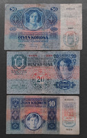 10 - 20 - 50 Korona 1913, 1914, 1915, 10 and 20 without overstamp.