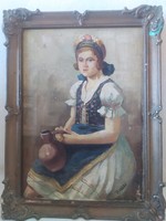 Verbőczy: girl with a jug, oil on canvas painting, original blondel frame 42x32 cm