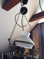 Rustic chandelier with an antique effect, I think it is a copper electric lamp