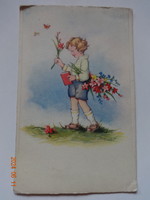 Régi grafikus üdvözlő képeslap, kisfiú virágcsokorral