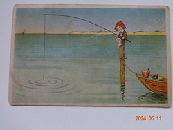 Régi humoros grafikus képeslap - kisfiú horgászik