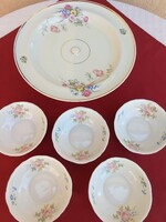 Hollóházi floral cake stand and 5 rose compote bowls, pieces in good condition