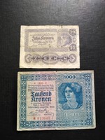Austro-Hungarian bank 1922, 10 and 1000 kronen (crown), worn