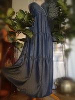 Column Dress 42-es hosszú 100% bambusz maxi ruha, hímzett lyocel farmerkék
