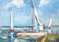 Painting (01/07) - Bánfi: balaton, sailboats (oil, cardboard, 35x25 cm)
