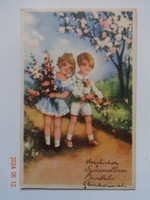 Régi grafikus üdvözlő képeslap, kislány és kisfiú virágokkal