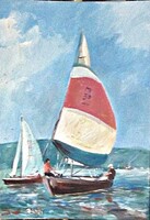 Painting (02/17) - Bánfi: balaton, sailboats (oil, cardboard, 35x50 cm)