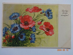 Régi grafikus névnapi üdvözlő képeslap, pipacs és búzavirág (1942)