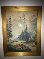 Car in the valley, cityscape in the distance, old painting, signed. (Demén?)