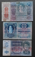 10 - 20 - 50 Korona 1913, 1914, 1915, 10 and 20 without overstamp.