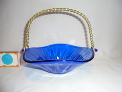 Retro kék üveg asztalközép, mogyoró, egyéb kínáló füles tálka - fém füllel