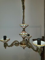 Three-branched bronze chandelier with majolica inlay, with two wall arms. (Video!)