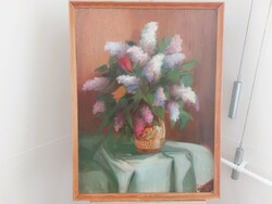 (K) floral still life painting with ribbed sign with frame 82x62 cm