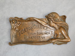 Régi bronz névjegy tartó tálka szecessziós bronz tálka telefongyár rt reklám tálka 1910 körül