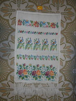 Gobelin-like embroidered fringed decorative towel - peacock, flower pattern
