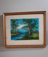 Fák a patak parton régi festmény Pálffy 1935 aranyozott fakeretben