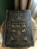 Antik Károli Gáspár képes szent Biblia szecessziós bőr kötésben, aranyozott lapszéllel