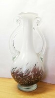 Murano vase with handles from the 1960s. Pure white with a red-brown marble pattern on the bottom