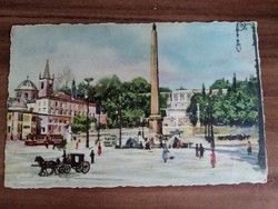 Antique postcard, Rome, piazza del popolo, people's square, tram, horse-drawn carriage, postman