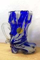 Glashütte mundgeblasen boot shape blown vase with blue and white marble pattern.