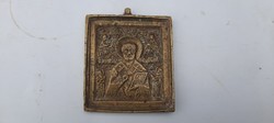 Antik pravoszláv ortodox réz úti ikon - Szent Miklós ábrázolással