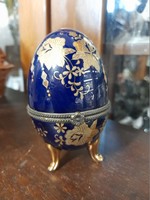 French Limoges porcelain cobalt blue, gold flower pattern egg box, bonbonnier, jewelry holder. 10 Cm.