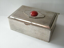 Silver-plated box or cigarette holder with red stone decoration