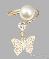 Aranyszínű pillangós kisujj gyűrű, fehér üveggyönggyel és kristállyal.