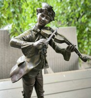 Antique mozart painted bronze statue with violin in hand marked. Bronze-spiater pewter material.