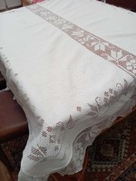 Old, home-woven Transylvanian tablecloth with lace inserts and edges, 170x155
