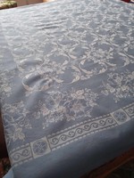 Old blue and white damask tablecloth, baroque pattern, 140x135