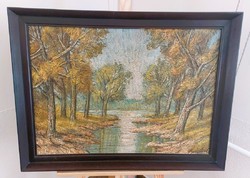 (K) Szignózott erdőbelső festmény 78x58 cm kerettel