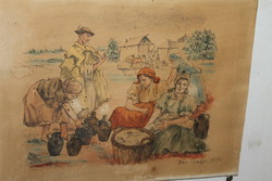 Antique watercolor colored etching 222