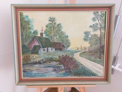(K) Szignózott tájkép festmény tanyával 67x54 cm kerettel