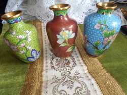 3 antique fire enamel cloisonné copper vases together, 11 cm
