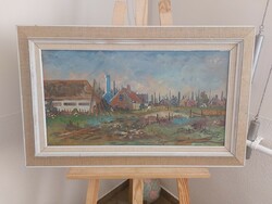 (K) Szignózott tájkép festmény kis falul 79x48 cm kerettel