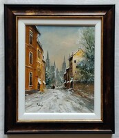 Benda Zoltán "Téli utcarészlet" c. olajfestmény szép keretben, ingyen postával