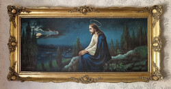 Jézus az olajfák hegyén festmény, szignózott kerettel