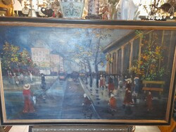 Large Berkes antal, Parisian street scene, oil on canvas painting. 160 X 90 cm.